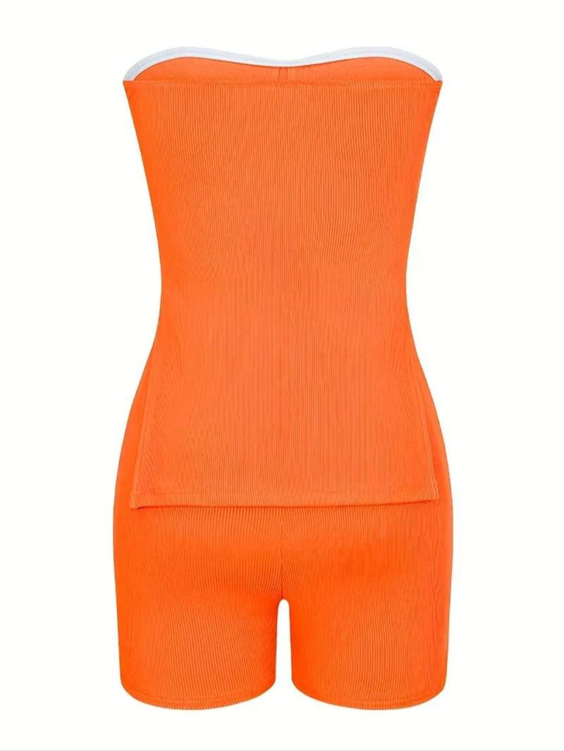 Two-piece Set-Women's-Minimalist-Solid Split Hem Tube Top & Elastic Waist Shorts Two-piece Set,-Lady-Comfort-Sleeveless Strapless Top & Skinny Shorts, Casual Summer Outfits Clothes Set for Outdoor Holiday,-Womenswear-Suits Downtown Girl Clothes - Seldom Seen Styles