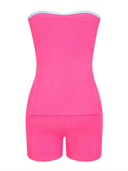 Two-piece Set-Women's-Minimalist-Solid Split Hem Tube Top & Elastic Waist Shorts Two-piece Set,-Lady-Comfort-Sleeveless Strapless Top & Skinny Shorts, Casual Summer Outfits Clothes Set for Outdoor Holiday,-Womenswear-Suits Downtown Girl Clothes - Seldom Seen Styles