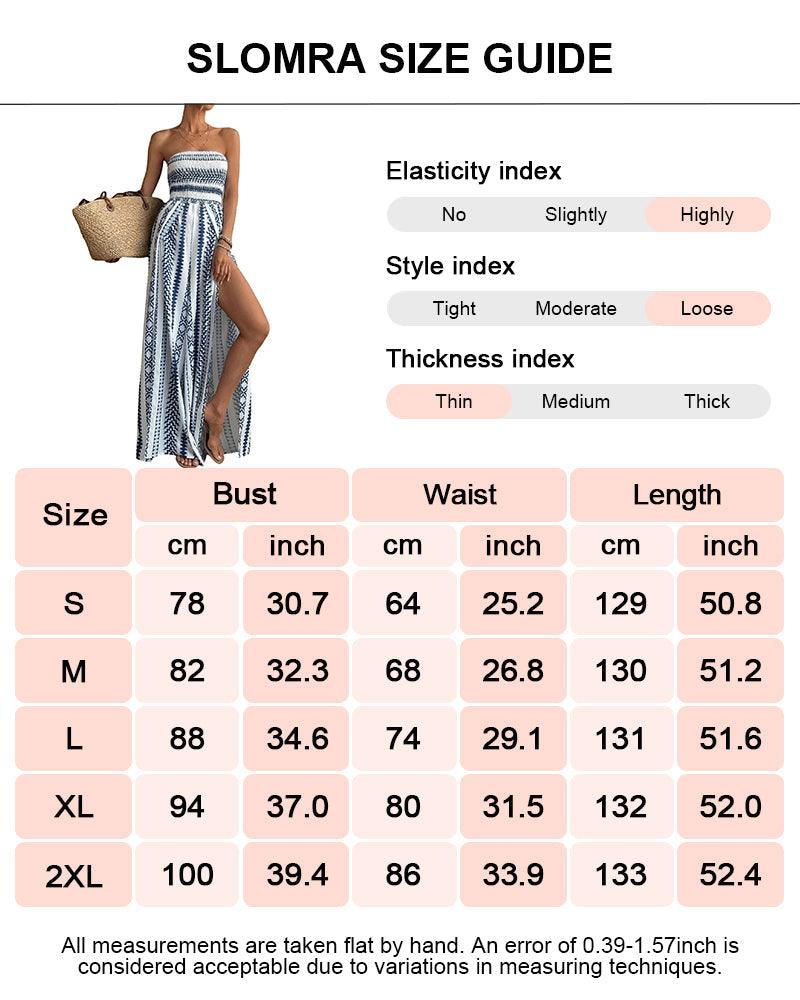 Women's Strapless Smocked Boho Jumpsuit Wide Leg High Slit Flowy Beach Vacation Summer Outfit