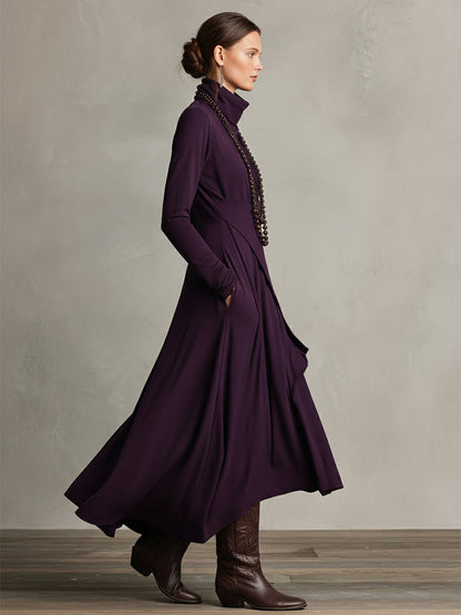 Women's Purple Bohemian Cotton Stretch Turtleneck Asymmetrical Draped Maxi Dress MDA2055J9I