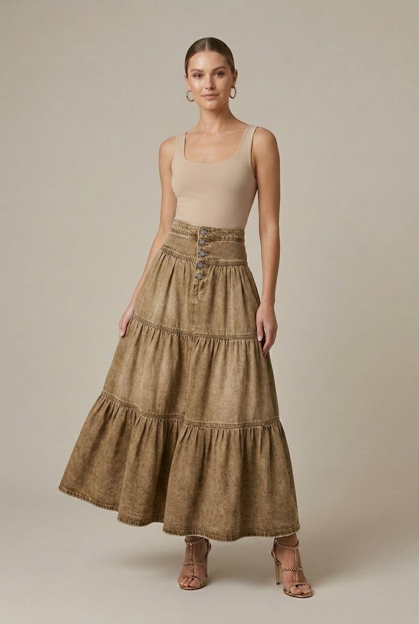 Women's Denim Maxi Skirt Tiered Button-Front