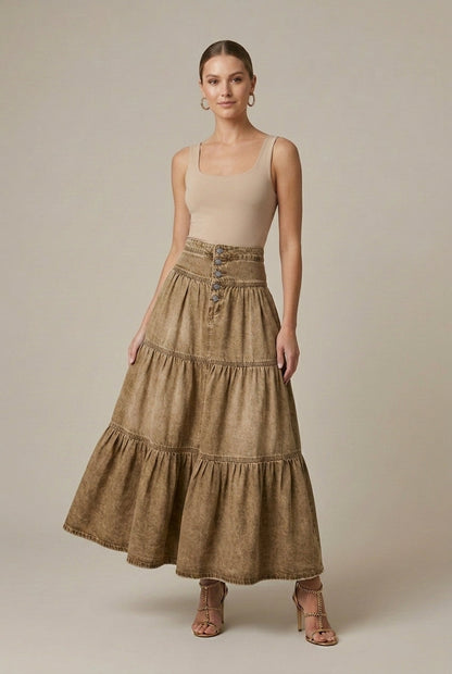 Women's Denim Maxi Skirt Tiered Button-Front