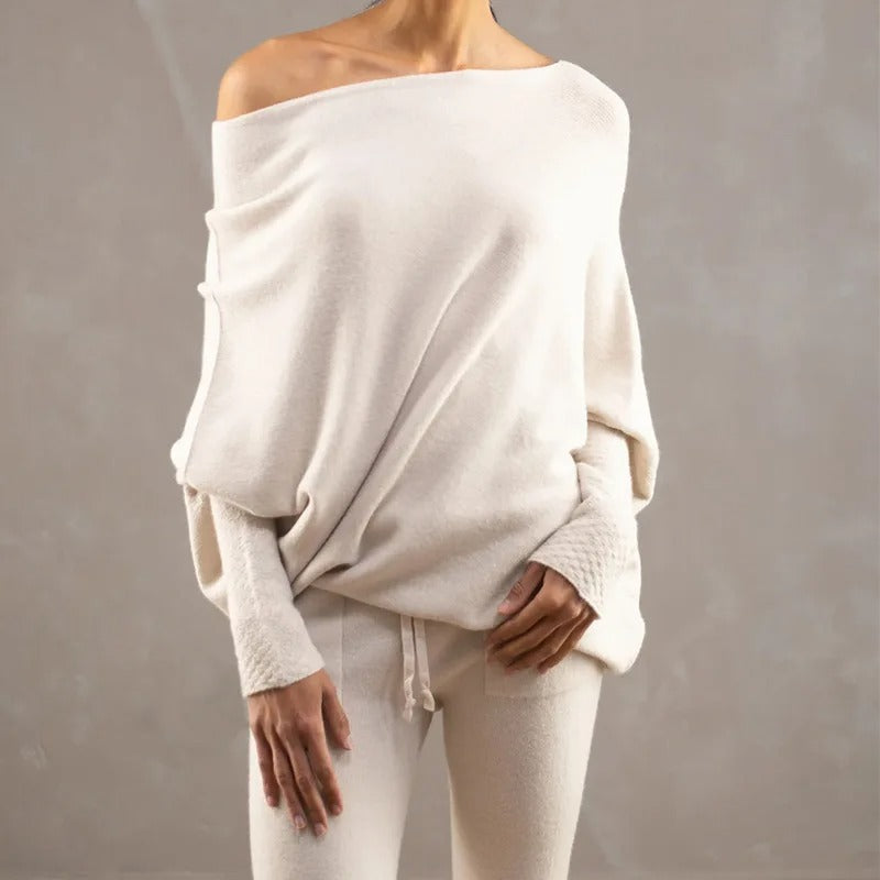 Asymmetrical Off-Shoulder Draped Knit Sweater for Women