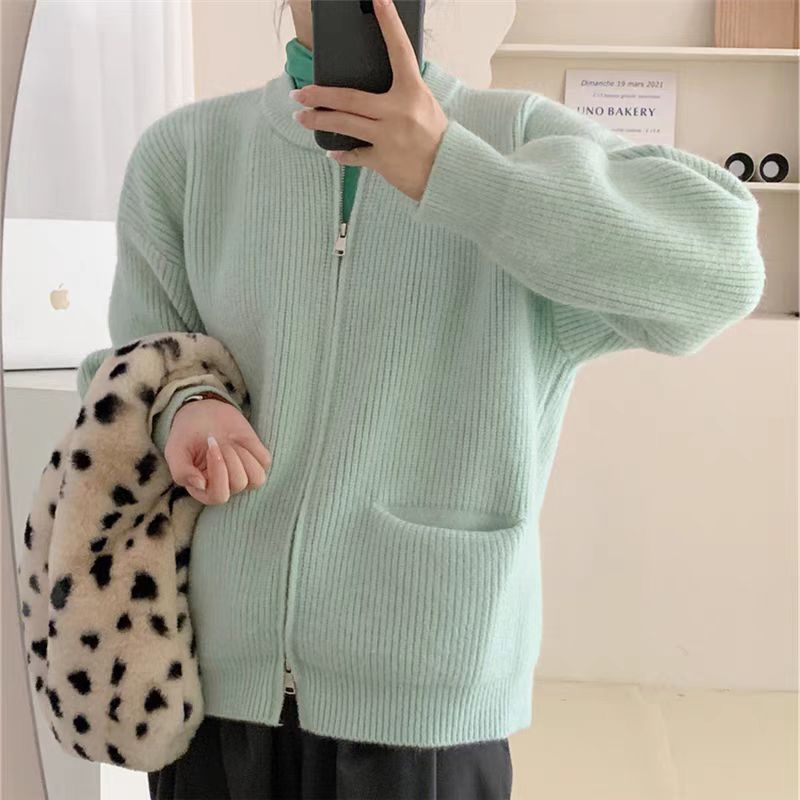 Retro solid color lazy wind senior feeling pit strip double zipper knit cardigan women loose soft waxy temperament sweater coat