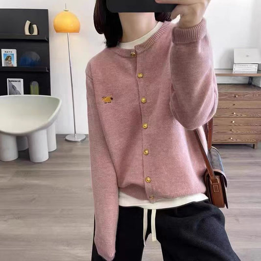 Knitted cardigan women's round neck loose casual all-matching embroidery Korean style