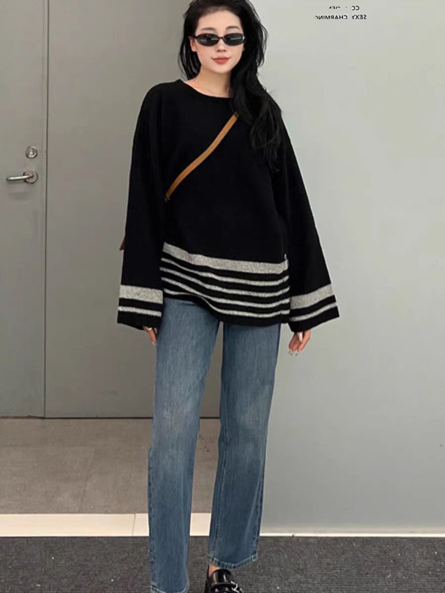 Contrasting color striped sweater for women spring season 2024 new design side double-breasted lazy knitted blouse for women