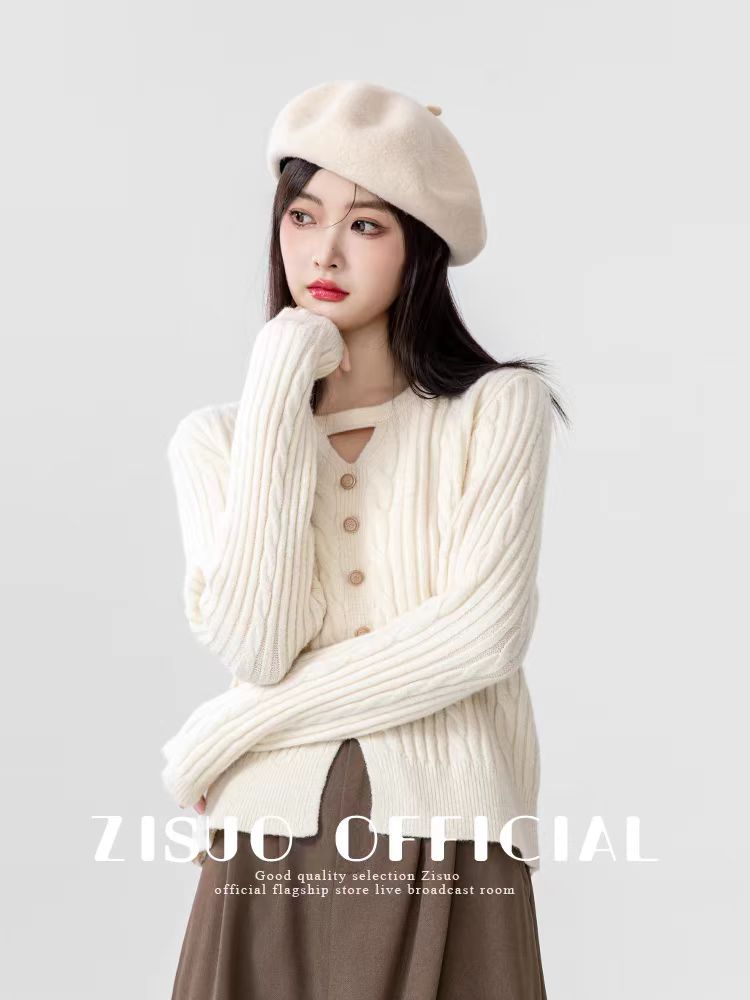 2024 spring and autumn new apricot color twist sweater women unique design hanging neck v-neck long sleeve sweater top