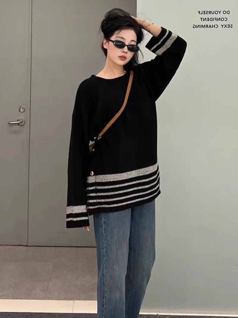 Contrasting color striped sweater for women spring season 2024 new design side double-breasted lazy knitted blouse for women