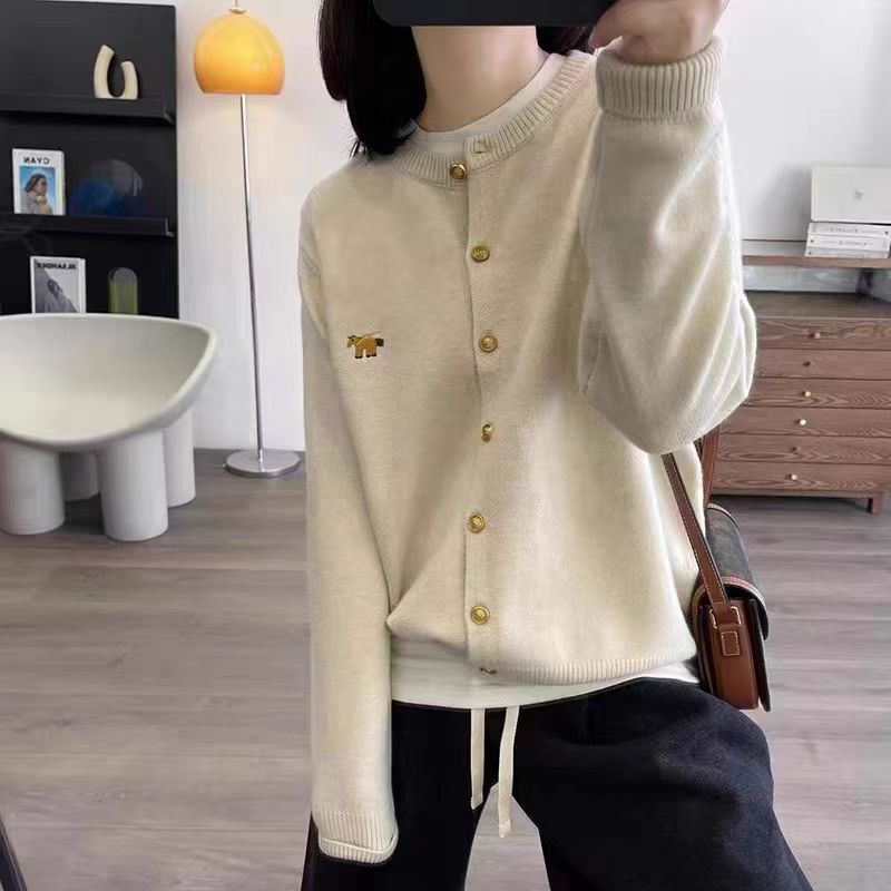 Knitted cardigan women's round neck loose casual all-matching embroidery Korean style