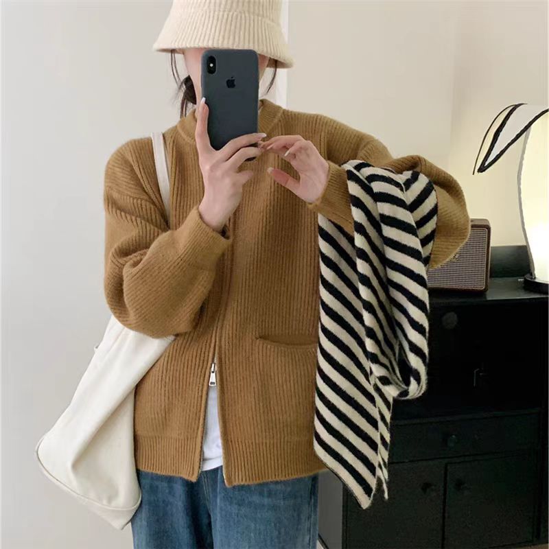 Retro solid color lazy wind senior feeling pit strip double zipper knit cardigan women loose soft waxy temperament sweater coat