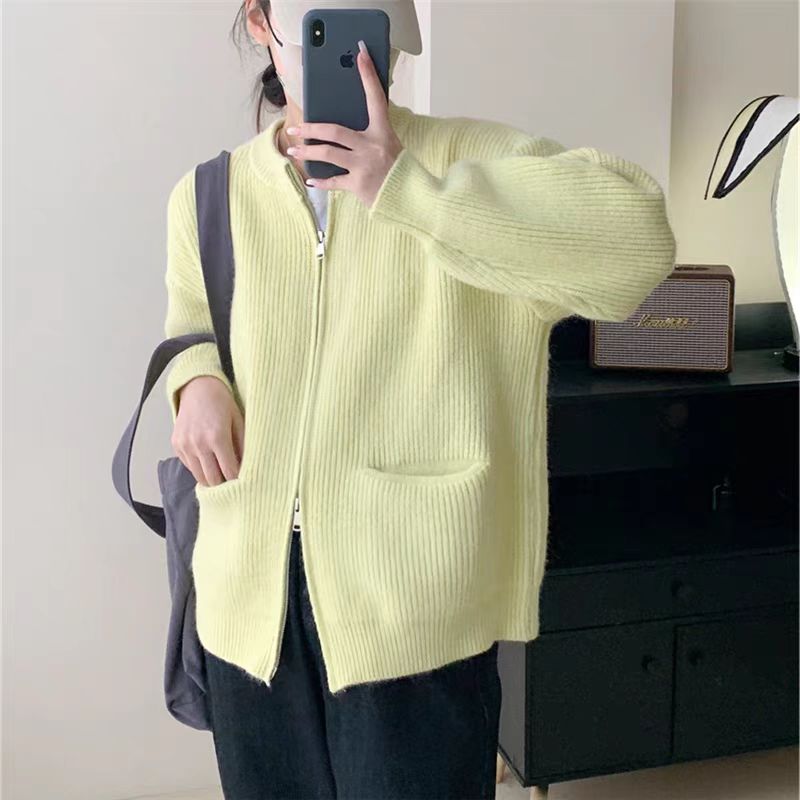 Retro solid color lazy wind senior feeling pit strip double zipper knit cardigan women loose soft waxy temperament sweater coat