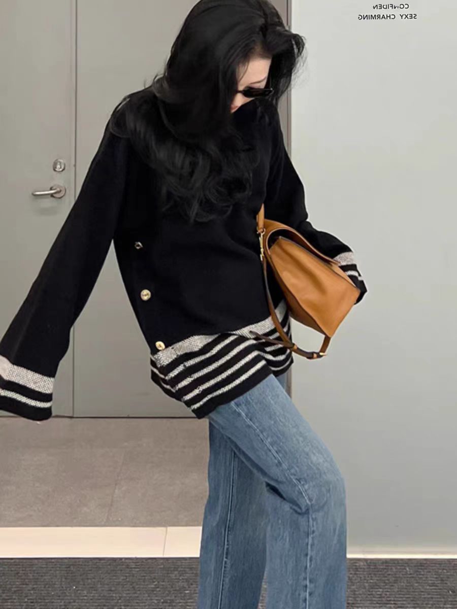 Contrasting color striped sweater for women spring season 2024 new design side double-breasted lazy knitted blouse for women