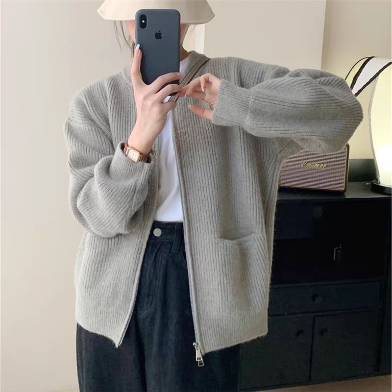 Retro solid color lazy wind senior feeling pit strip double zipper knit cardigan women loose soft waxy temperament sweater coat