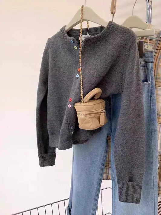 2024 spring and autumn New raccoon velvet grey sweater top women short Japanese loose soft waxy all-matching knitted cardigan