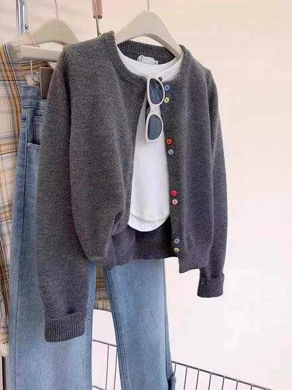 2024 spring and autumn New raccoon velvet grey sweater top women short Japanese loose soft waxy all-matching knitted cardigan