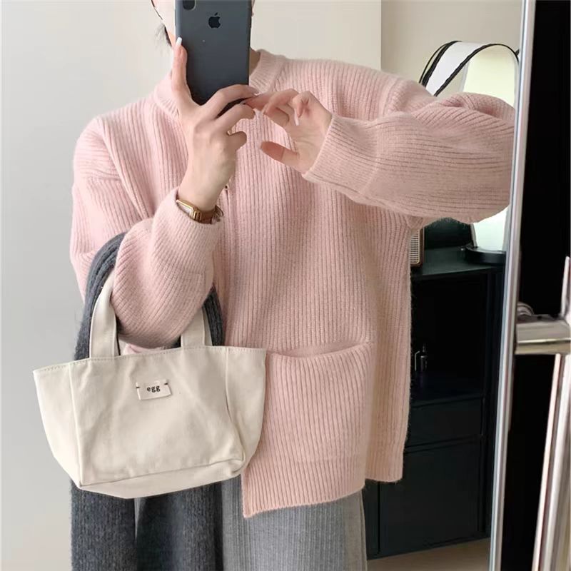 Retro solid color lazy wind senior feeling pit strip double zipper knit cardigan women loose soft waxy temperament sweater coat