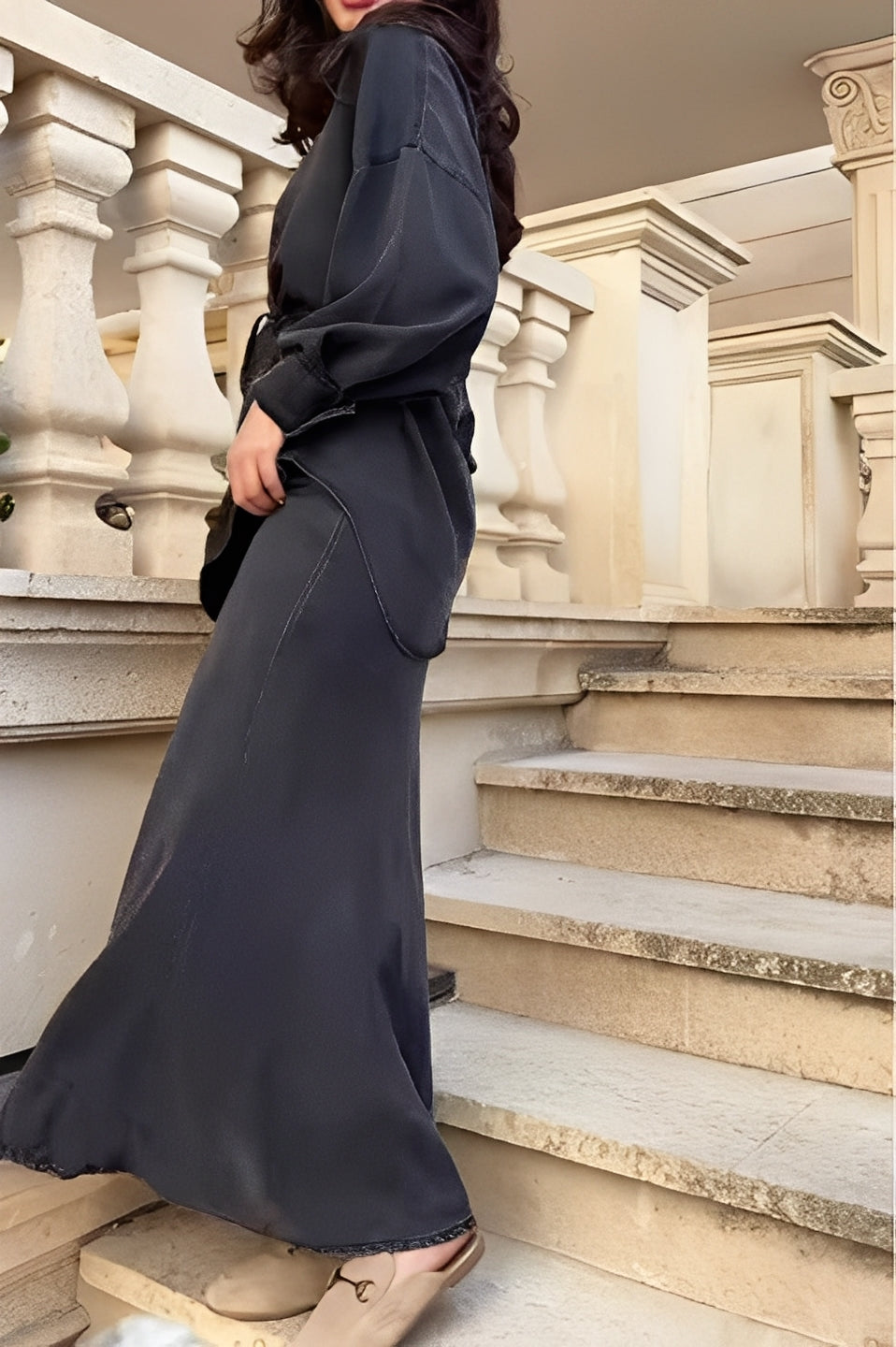 Long-sleeved Tie-Drawstring Shirt and Skirt Set - Seldom Seen Styles