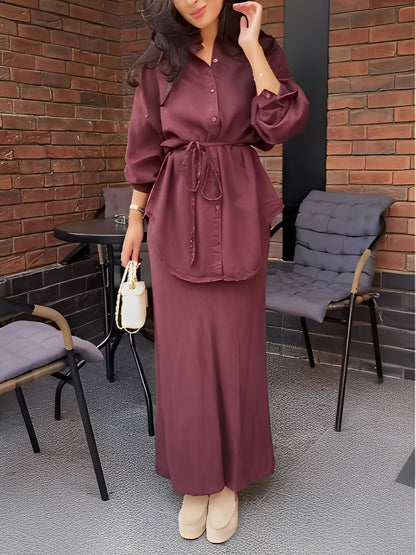 Long-sleeved Tie-Drawstring Shirt and Skirt Set