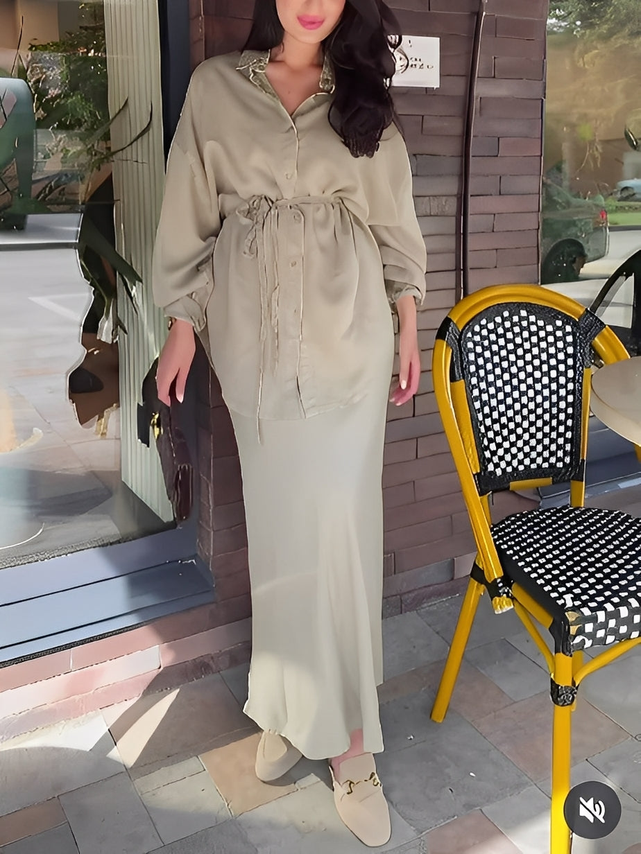 Long-sleeved Tie-Drawstring Shirt and Skirt Set - Seldom Seen Styles