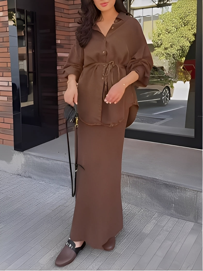 Long-sleeved Tie-Drawstring Shirt and Skirt Set - Seldom Seen Styles