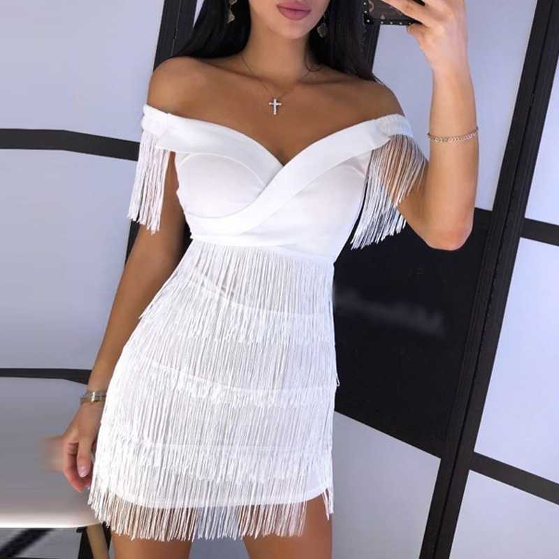 Women's White Fringe Mini Dress Off Shoulder Tassel Party Dress - Seldom Seen Styles