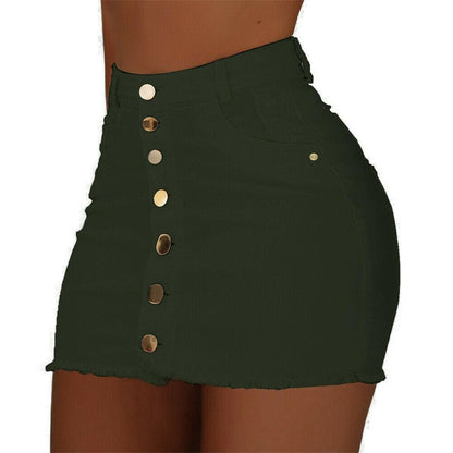 FashionSierra – Hochtaillierter Knopfrock aus Denim, figurbetont, lässig, Party, A-Linie, kurz, Stretch, Minikleid