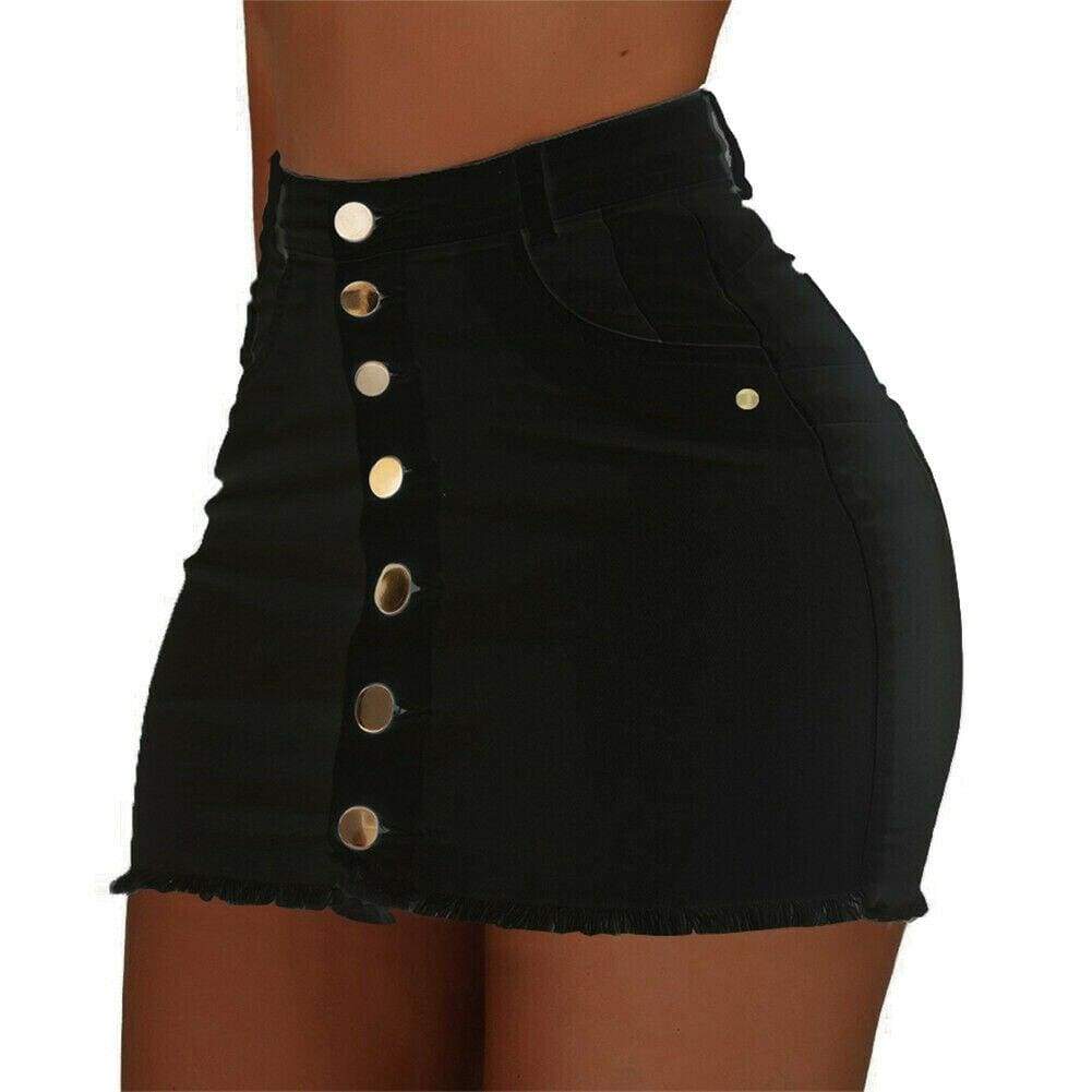 Women's High Waist Denim Mini Skirt Button Front Bodycon Stretch Jean Skirt - Seldom Seen Styles