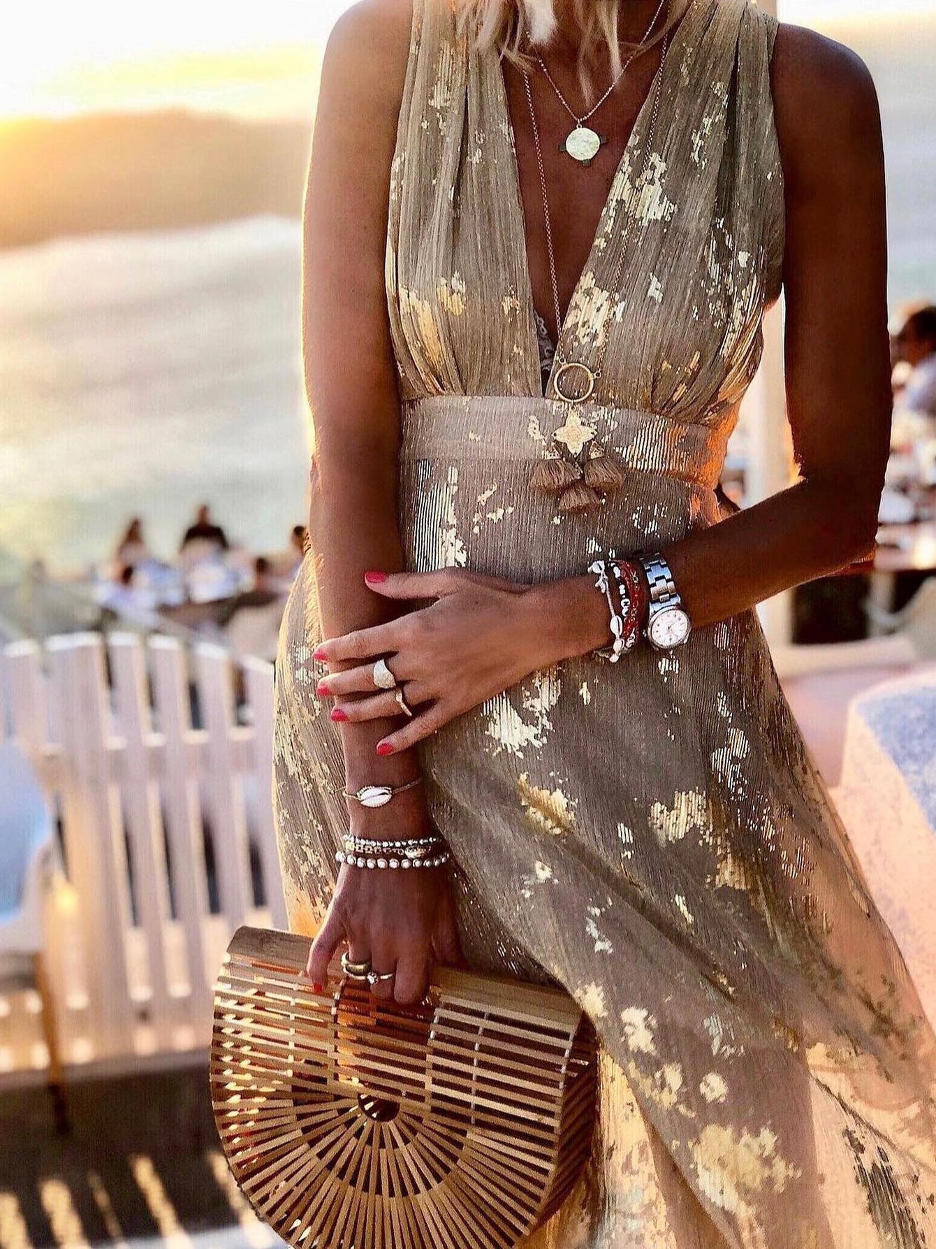V-Neck Print Hot Stamping Maxi Dress - Seldom Seen Styles