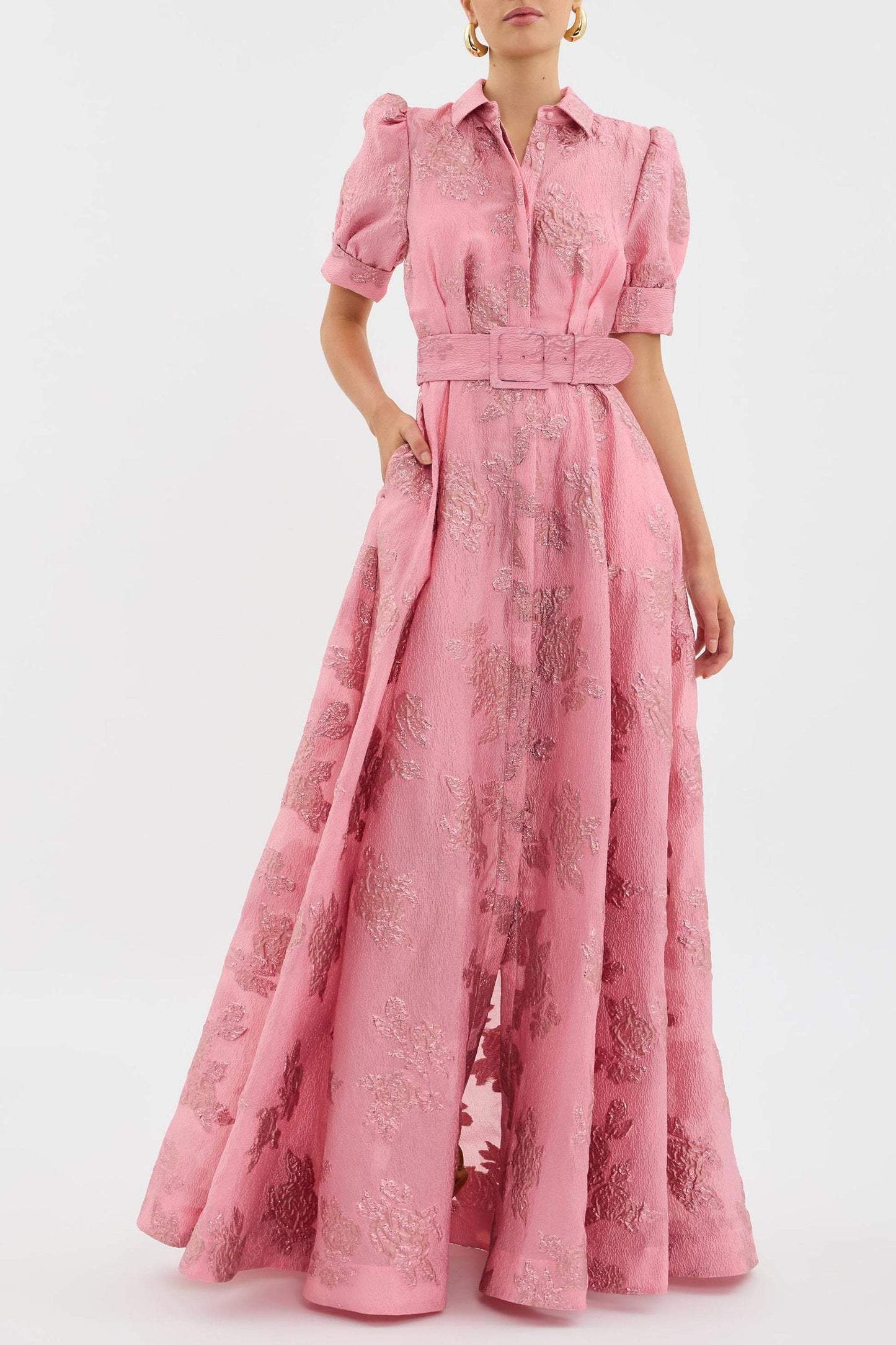 Women's Floral Jacquard Maxi – Belted Shirt Collar Puff Sleeve Wedding Guest Dress - Seldom Seen Styles