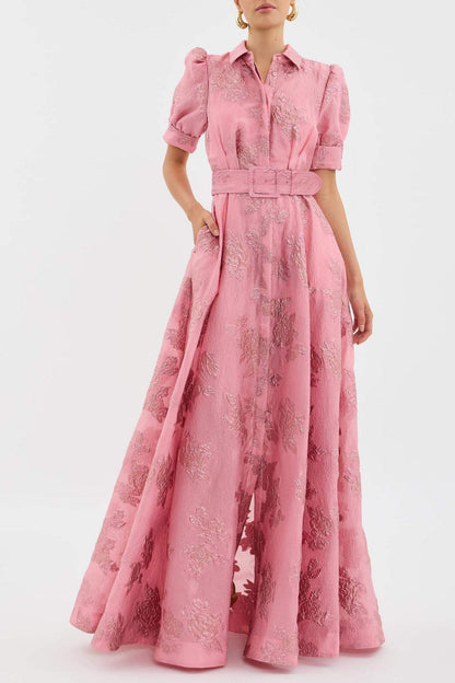 Women's Floral Jacquard Maxi – Belted Shirt Collar Puff Sleeve Wedding Guest Dress