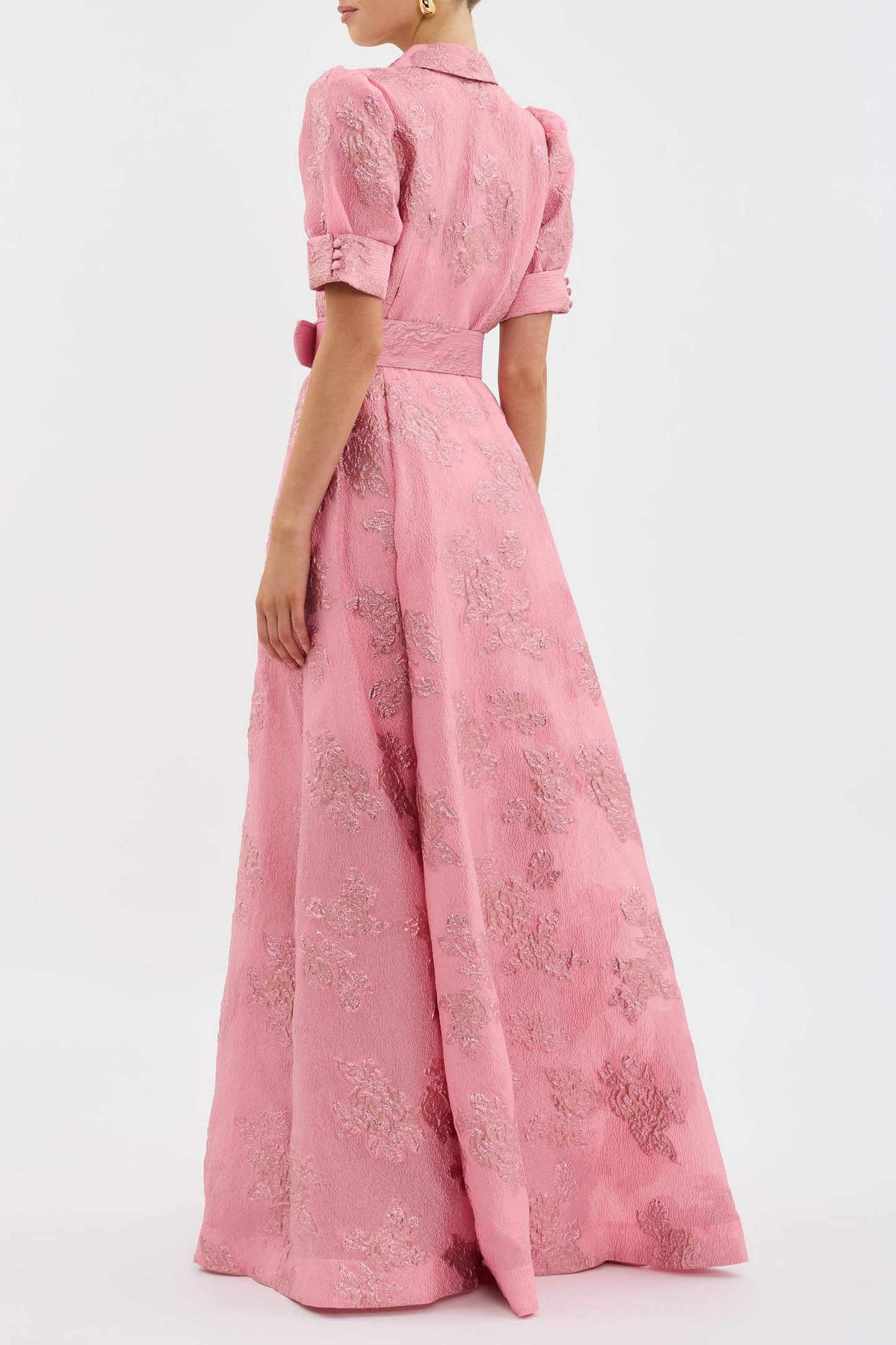 Women's Floral Jacquard Maxi – Belted Shirt Collar Puff Sleeve Wedding Guest Dress - Seldom Seen Styles