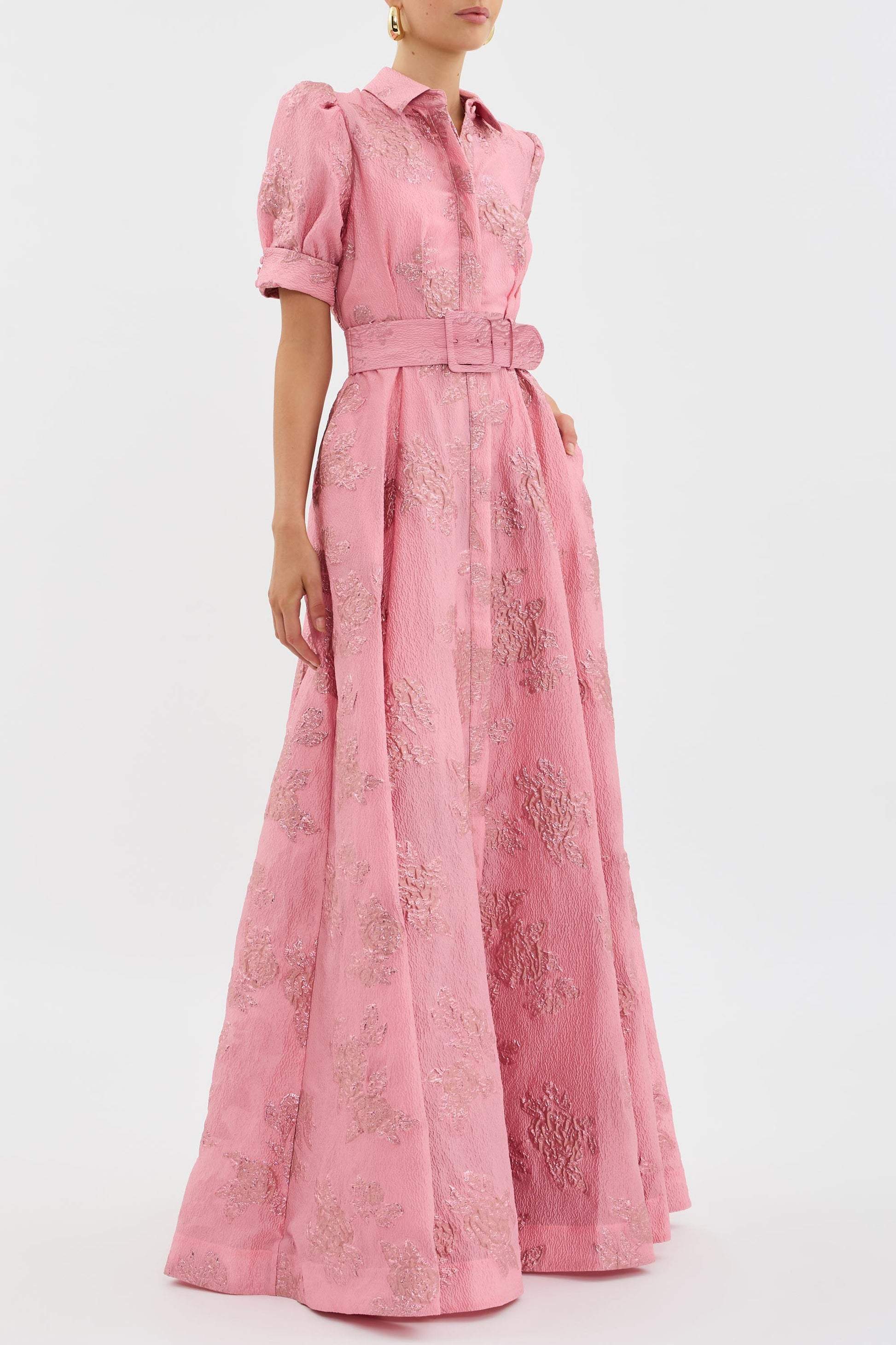 Women's Floral Jacquard Maxi – Belted Shirt Collar Puff Sleeve Wedding Guest Dress - Seldom Seen Styles