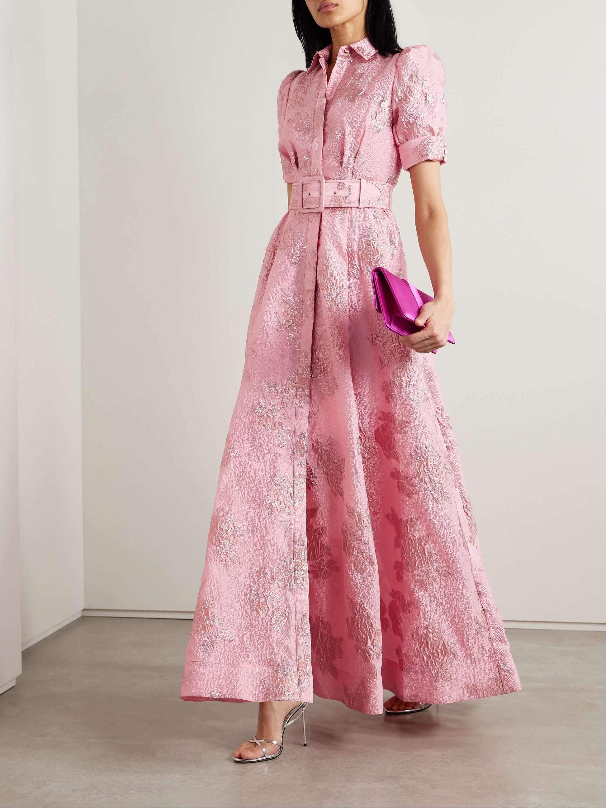 Women's Floral Jacquard Maxi – Belted Shirt Collar Puff Sleeve Wedding Guest Dress - Seldom Seen Styles