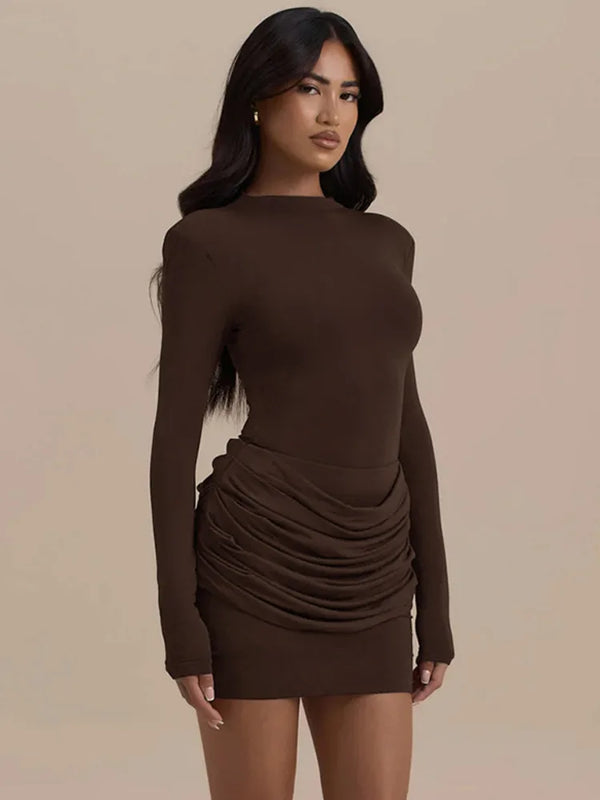 Women’s Long Sleeve Ruched Mini Dress with Straight Neckline - Seldom Seen Styles