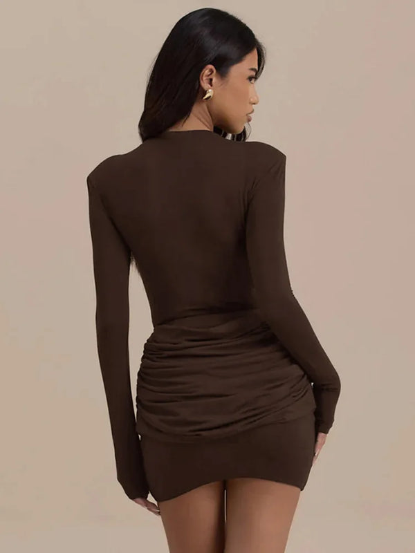 Women’s Long Sleeve Ruched Mini Dress with Straight Neckline - Seldom Seen Styles