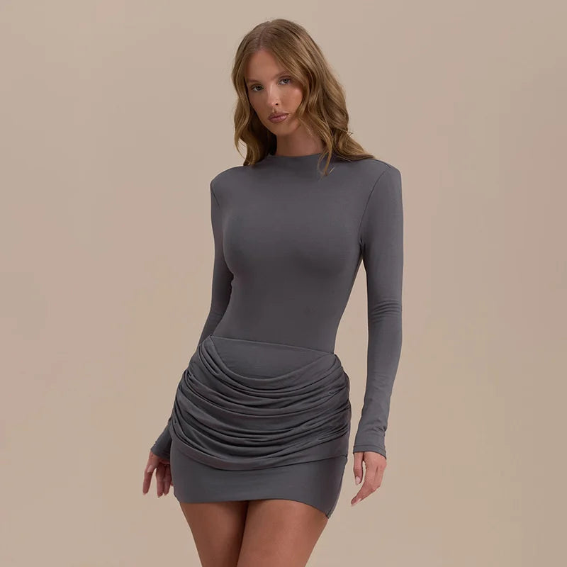 Women’s Long Sleeve Ruched Mini Dress with Straight Neckline - Seldom Seen Styles