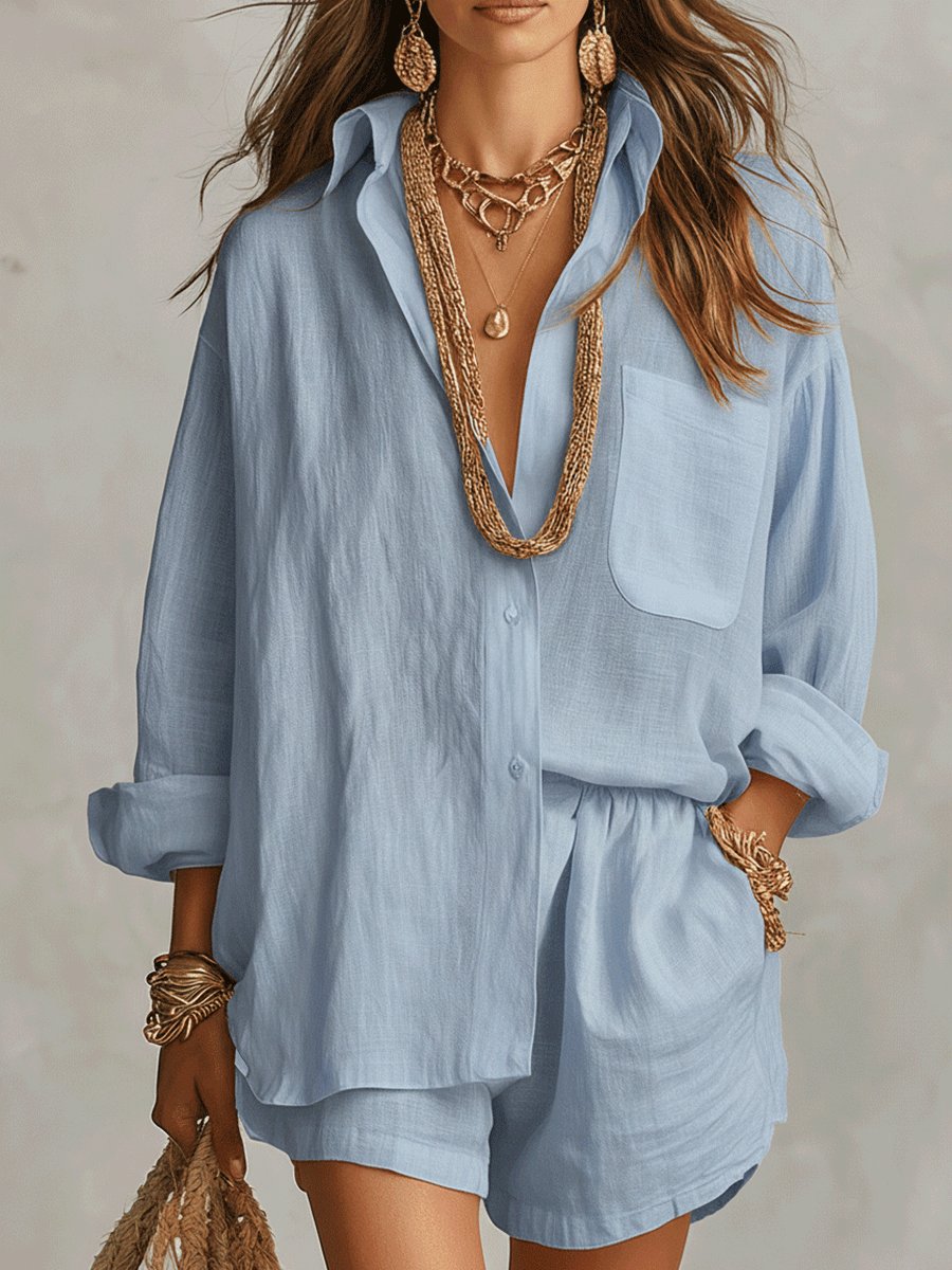 Effortless Linen Short Set for Women with Button Front Long Sleeve Relaxed Two Piece Style