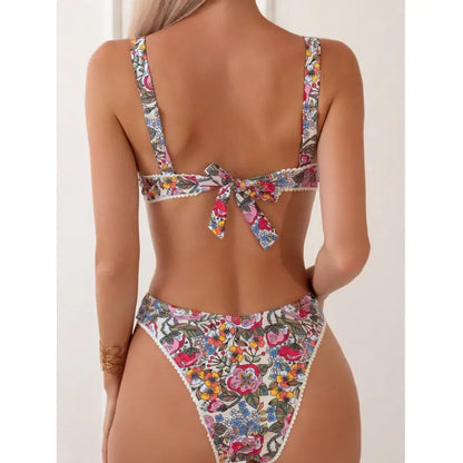 Damen Badeanzug mit Blumenmuster, hohe Taille, Knoten, Bikini-Set
