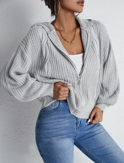 Textured Drop Shoulder Zip Up Hooded Cardigan, Casual Long Sleeve Cardigan Sweater, 2024 Women's Autumn & Winter Clothes for Daily Wear, Evening Tops, Fall & Winter Clothes, Year End Sale, Valentine's Day Gift for Girl