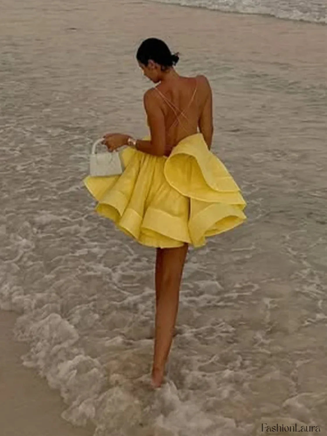 Yellow Pleated Lace-Up Mini Dress - Seldom Seen Styles