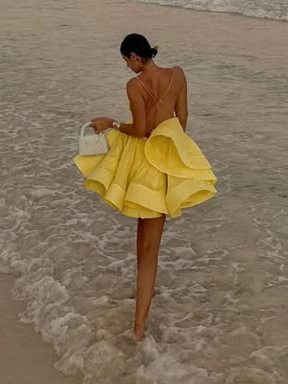 Yellow Pleated Lace-Up Mini Dress - Seldom Seen Styles