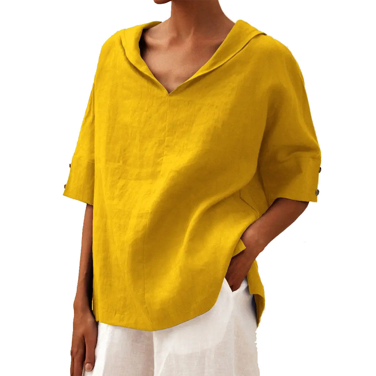 Yellow Veda Bremen linen blouse with V-neck, featuring a classic, relaxed fit and lightweight fabric.